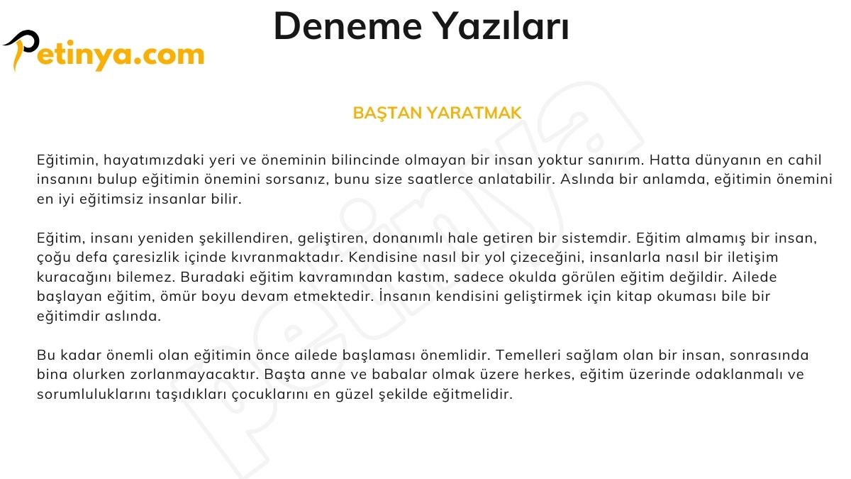 Deneme Örnekleri - Deneme Yazıları BAŞTAN YARATMAK