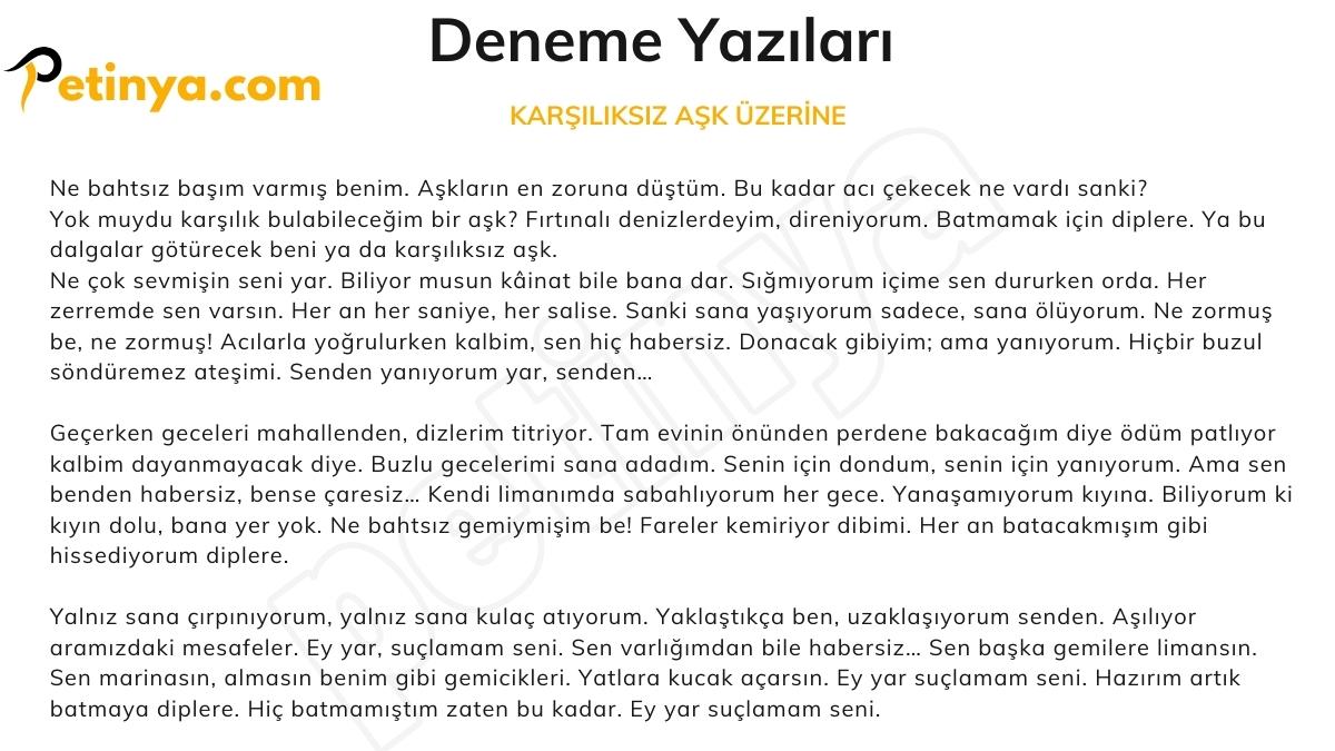 Deneme Örnekleri - Deneme Yazıları KARŞILIKSIZ AŞK ÜZERİNE